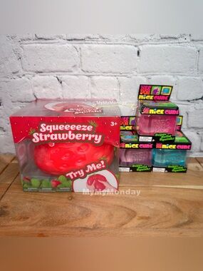 NeeDoh Nice Cube Squishy Set and Sunny Days Jumbo Strawberry Squishy Bundle